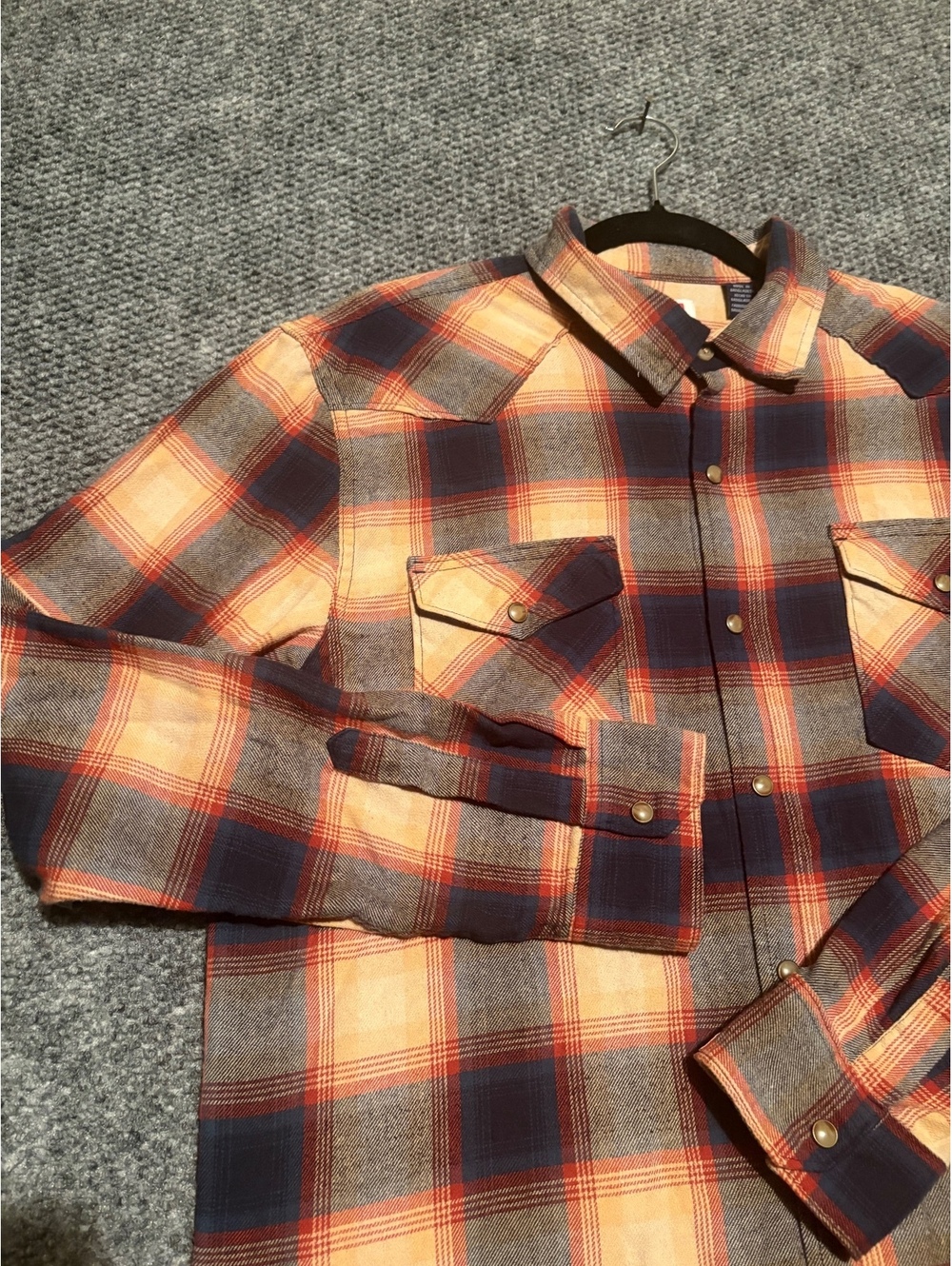 Wrangler Pearl Snap Navy Orange Button Up Flannel Plaid Shirt Men's Large
